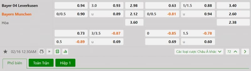 Bảng tỷ lệ kèo bóng đá trận đấu Leverkusen vs Bayern Munich
